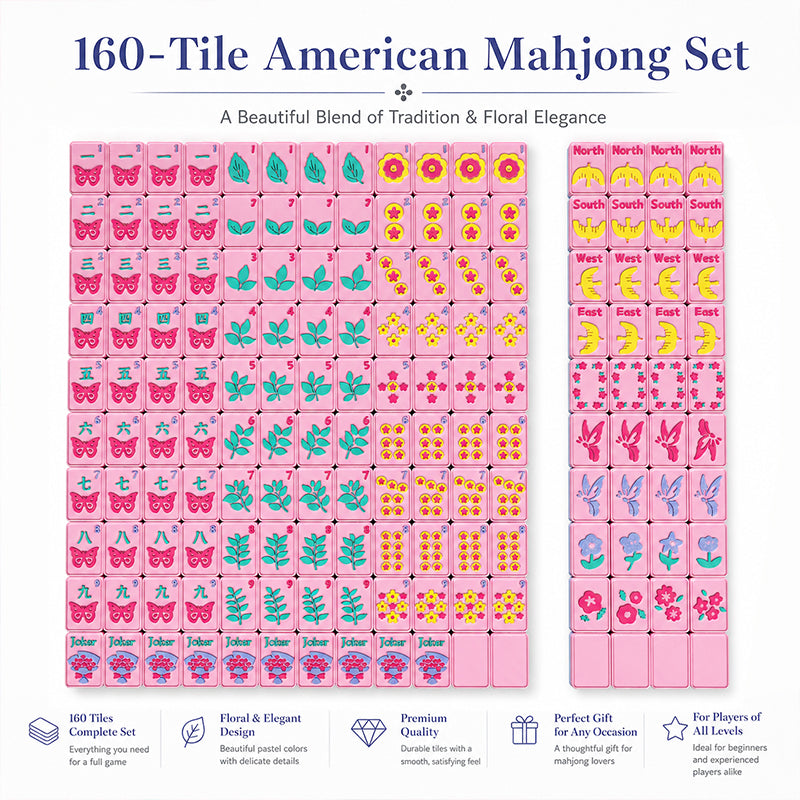 160-Tile American Mahjong Set,Floral Butterfly Mahjong Tiles With Raised 3D Details, 4 Dice & Rules Guide, Complete Mahjong Game Set