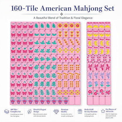 160-Tile American Mahjong Set,Floral Butterfly Mahjong Tiles With Raised 3D Details, 4 Dice & Rules Guide, Complete Mahjong Game Set